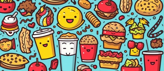 Cute Doodle Food Pattern with Blue Background