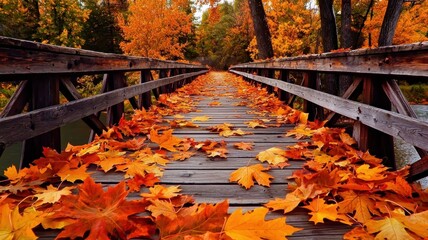A scenic wooden bridge surrounded by vibrant autumn leaves, creating a picturesque fall walkway in a serene forest setting.