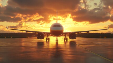 Airplane is taxiing to take off at the sunrise. 3d render and illustration. sunrise, airplane,