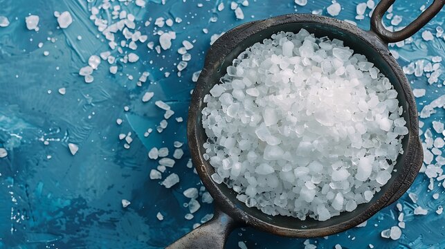 An iron dish filled with gritty sea salt against a blue backdrop