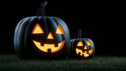 Obraz premium Two glowing Halloween pumpkins with carved faces, standing on grass against a dark background, creating a festive spooky atmosphere.