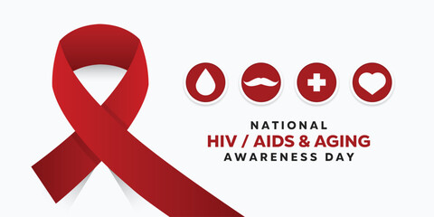 National HIV AIDS and Aging Awareness Day. Ribbon, blood, mustache, plus icon and heart. Great for cards, banners, posters, social media and more. White background.