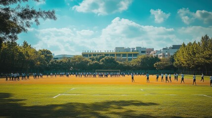 Scenic University Campus with Vibrant Green Lawn and Athletics Field