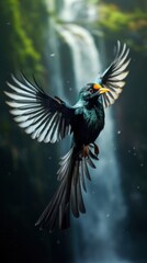 Obraz premium Beautiful flying bird with a long wavy tail animal nature beak.