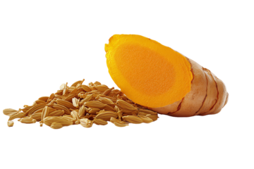 Halved Turmeric Rhizome & Caraway Seeds on White