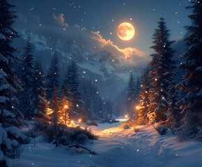 a snowy forest with trees and a moon. 