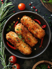 Fototapeta premium Side View of Spanish Croquetas on Slate, Traditional Fried Appetizer with Herbs