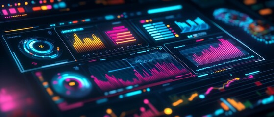 Obraz premium Vibrant and dynamic data visualization dashboard with colorful graphs and charts ideal for analytics in modern technology.