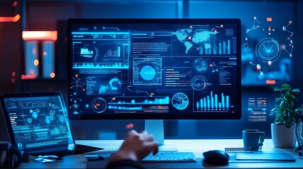 Fototapeta premium A modern workspace featuring dual monitors displaying data analytics and technology visuals, suitable for tech or business environments.