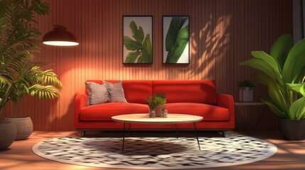Obraz premium Red couch, black and white rug, wooden wall, and plants in a modern living room.
