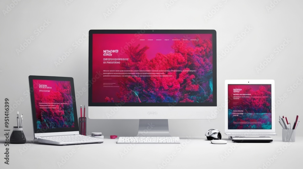 Wall mural modern digital workspace featuring multiple devices with vibrant website design and colorful graphic