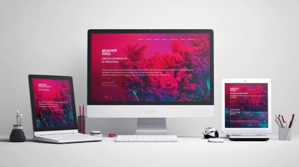 Modern digital workspace featuring multiple devices with vibrant website design and colorful graphics.