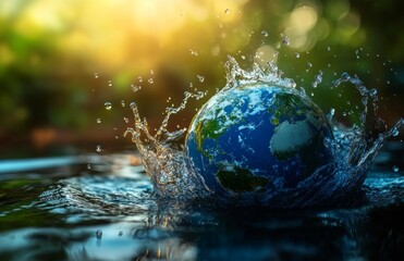 The Earth as a water and green forest planet concept for World Environment Day, featuring a splash effect on a blurred background with copy space.