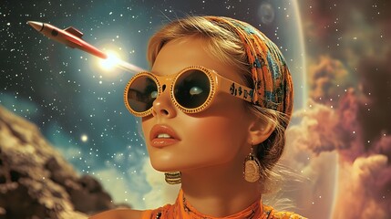 Retro futurism style hippie woman wearing trendy fashion sunglasses, psychedelic cosmic future planet background, UFO rocket launching, space worm hole, time travel, astronomy 3d digital pop art.