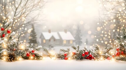 Festive Holiday Banner with Twinkling Lights and Cozy Cottage Setting