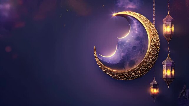 Magical crescent moon illuminated by ornate lanterns at twilight, creating a serene nighttime atmosphere