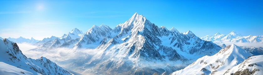Obraz premium Snowcapped peaks rising above alpine valleys under a crystal-clear blue sky, serene and majestic, perfect for outdoor adventure imagery