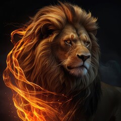 Naklejka premium Lion with fireGolden lion flying in the sky divine and fierce figure gleaming maneb superb fantasy game like visual,portrait of a lion with fire