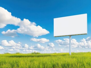A solitary blank billboard against a vibrant blue sky in an open grassy field