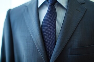 Close-up of a business suit with a navy blue tie. Professional and corporate fashion concept.