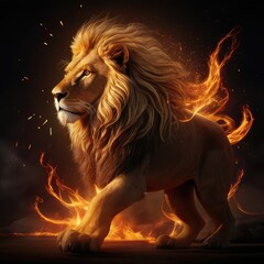 Naklejka premium Lion with fireGolden lion flying in the sky divine and fierce figure gleaming maneb superb fantasy game like visual,portrait of a lion with fire
