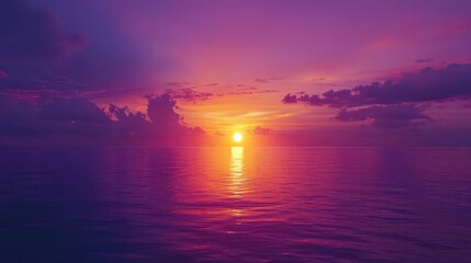 ethereal sunset over calm ocean sky ablaze with vivid purples and oranges