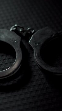 Handcuffs are lying still on the table, reflecting the red light from the emergency signal. The camera moves slowly from left to right, revealing a tense silence, vertical video 4K stock video.