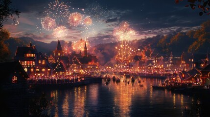 Enchanting Winter Wonderland: Festive Fireworks over a Cozy Village