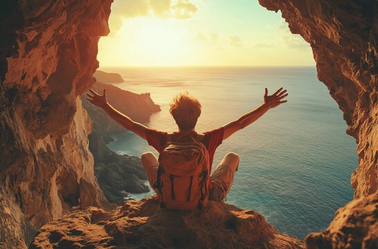 A man is sitting on the edge of an ancient cave, with his back to us and arms outstretched in joy as he looks at sunrise over the ocean from atop the cliff's edge