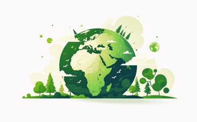Eco-friendly vector logo of green Earth with trees,   global map for environmental protection action day.