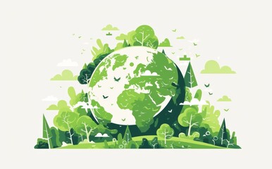 Eco-friendly vector logo of green Earth with trees,   global map for environmental protection action day.