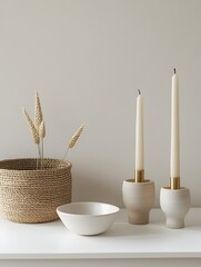 Minimalist Home Accessories Showcased in Elegant Japandi Inspired Setup with Ceramic Planters Brass Candlesticks and Woven Baskets