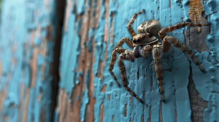 As a yard toy a spider on the wall close up on wooden background
