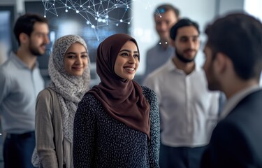 A diverse team participates in a business conference led by a Muslim woman with digital technology and colorful elements creating an innovative atmosphere
