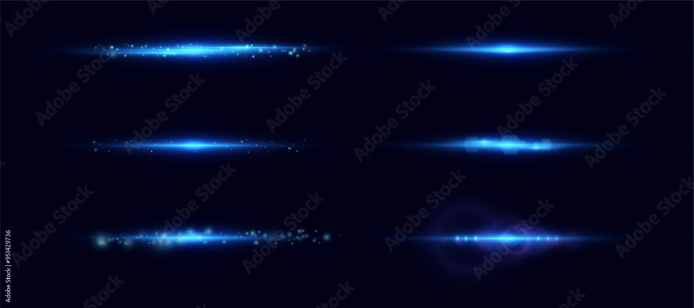 Poster blue horizontal laser glow glare effect. abstract laser light beams. bright neon light rays. vector
