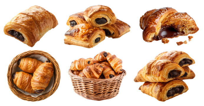 Pain au chocolat, chocolate croissant, couque au bread on transparent background cutout, PNG file. Many assorted different design angles, stack, broken, basket, top view. Mockup template for artwork