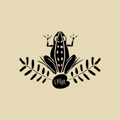 Situation Frog with water fern. Stylized illustration.