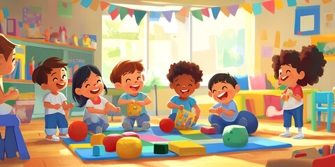 Happy Children Playing in Classroom
