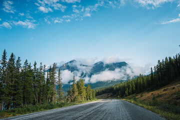 Naklejka premium outdoor nature landscape with mountains and clouds and forest