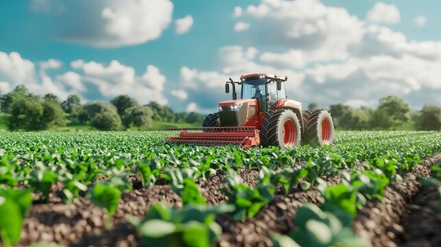 Smart agriculture, automated farming machinery in a vast field, 3D illustration