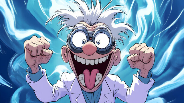 A cartoon scientist with a crazy expression, wearing a white lab coat and glasses, with a blue swirling background.
