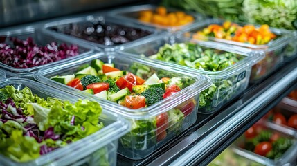 Fresh and Colorful Pre-Packaged Vegetable Salads Displayed in Commercial Fridge