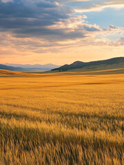 Expansive alfalfa hay field in western montana, sunset, beautiful, warm light.
