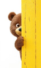 Peek-a-Boo Bear: A playful brown bear peeks from behind a yellow wooden door, inviting a sense of warmth and whimsy.  