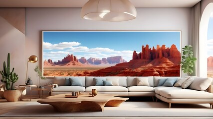 "Transform your space with our 3D illustrated poster frame, adding a touch of contemporary elegance to your living room's Scandinavian aesthetic."A panoramic view of the Arizona desert, with towering 