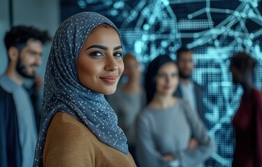 A diverse team participates in a business conference led by a Muslim woman with digital technology and colorful elements creating an innovative atmosphere