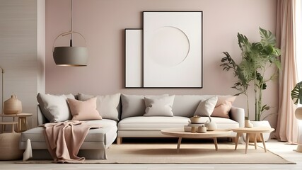 mock up poster frame in modern interior background, living room, Scandinavian style, 3D render, 3D illustration