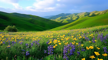 Obraz premium Rolling hills with wildflowers in bloom.