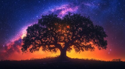 Cosmic Oak at Sunset: A majestic oak tree stands silhouetted against a vibrant sunset and a breathtaking starry night sky, creating a scene of serene beauty and cosmic wonder. 