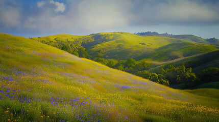 Fototapeta premium Rolling hills with wildflowers in bloom.